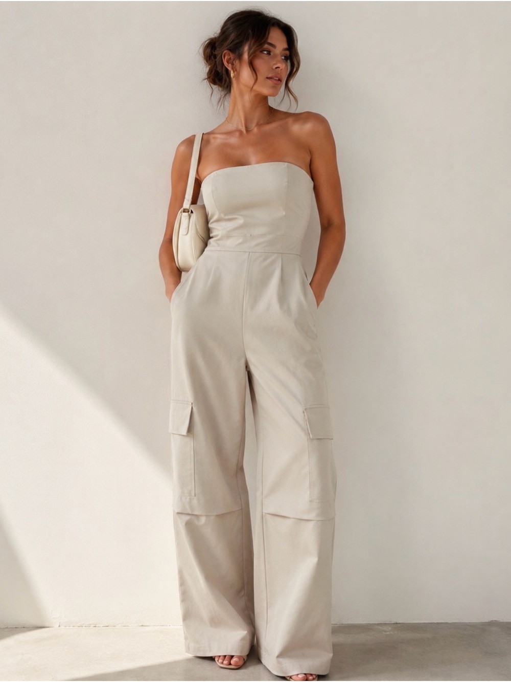 Zara Strapless Cargo Wide-Leg Jumpsuit - Beige
